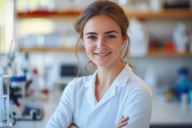 Young female scientist in a white lab coat smiles with arms crossed in a bright laboratory.