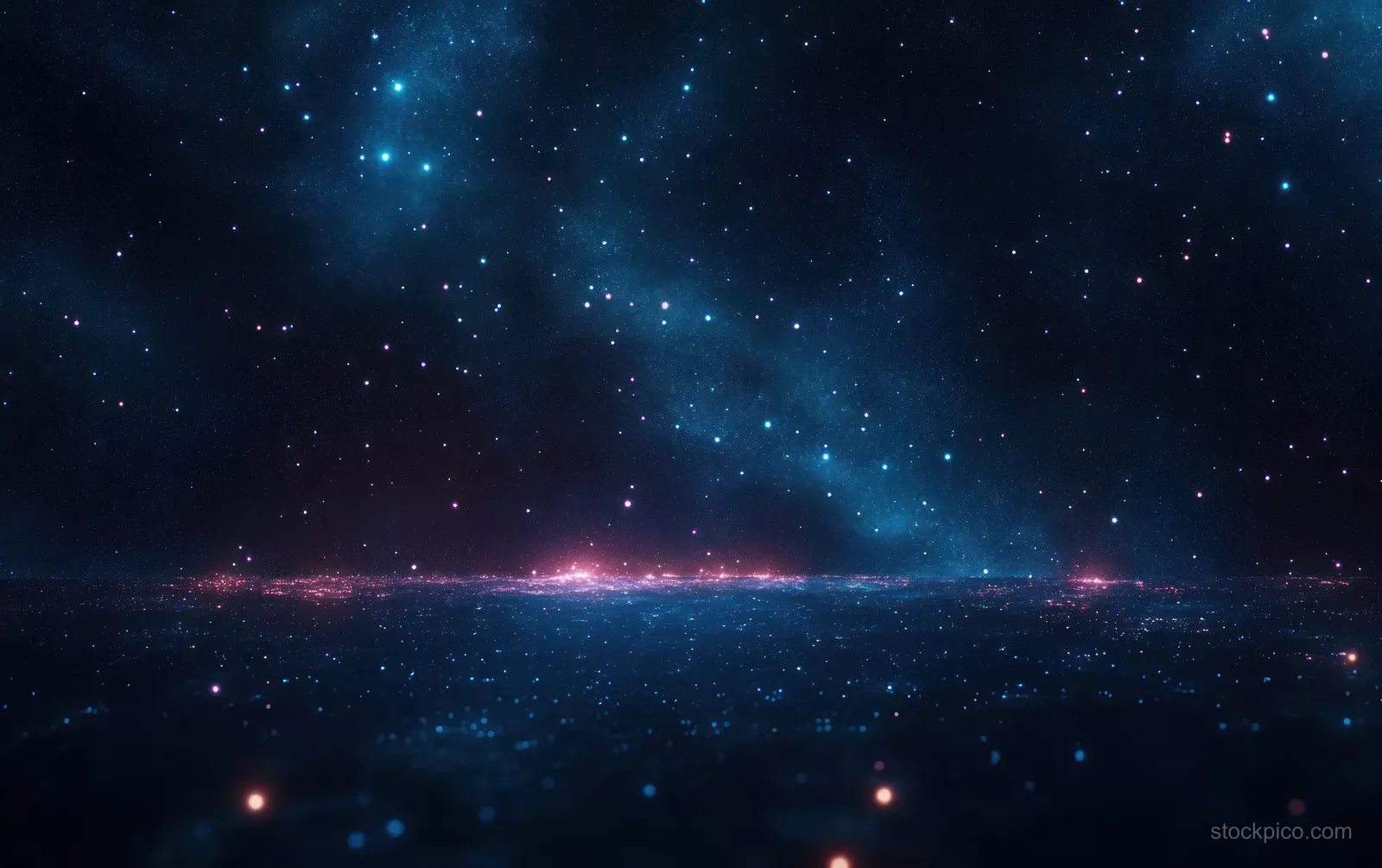 Dense stars and glowing nebula clouds fill the sky above a dark reflective horizon.