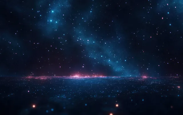 Vast starfield over dark horizon with glowing nebula streaks reflecting on calm waters