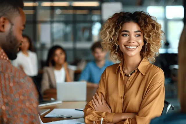 Smiling CEO businesswoman leading diverse team discussion around a project planning table