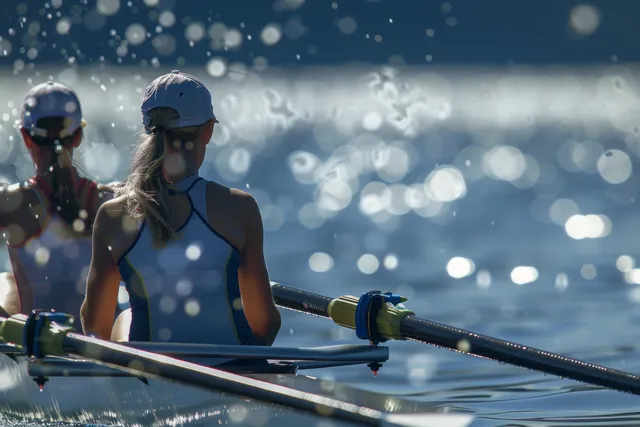 Two women row a double sculls boat on choppy water with oars splashing and light reflections behind them.