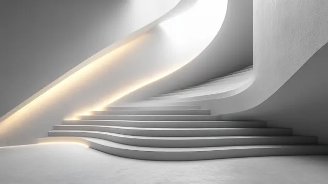 Minimalist staircase with glowing gold light lines and clean copy space