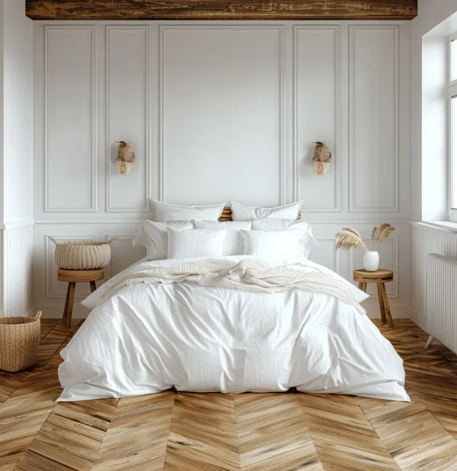 White bedroom interior showing a large bed, parquet wooden floor, side tables, wicker baskets, and warm window light.