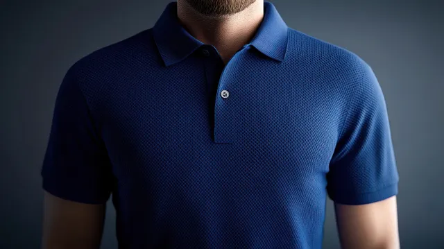 Close-up of a man wearing a textured blue polo shirt with collar and buttons against a dark background.