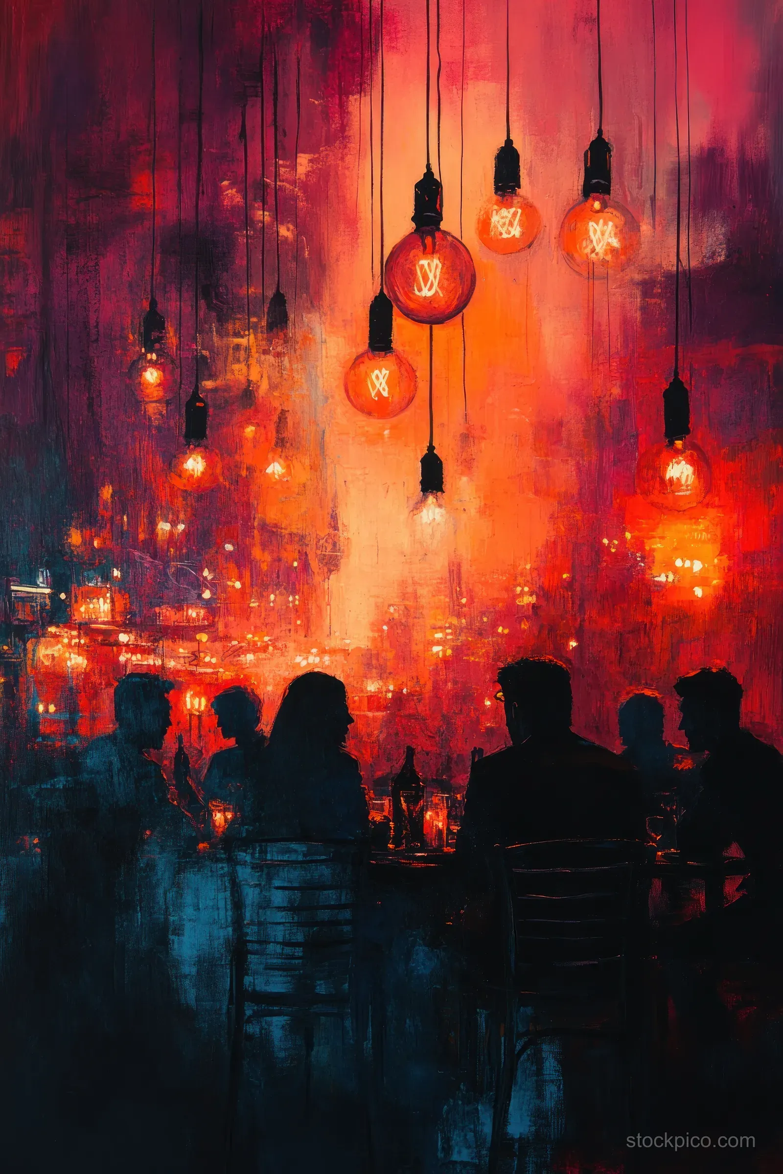 Silhouetted people stand at an evening event as warm glowing pendant lights hang above them.