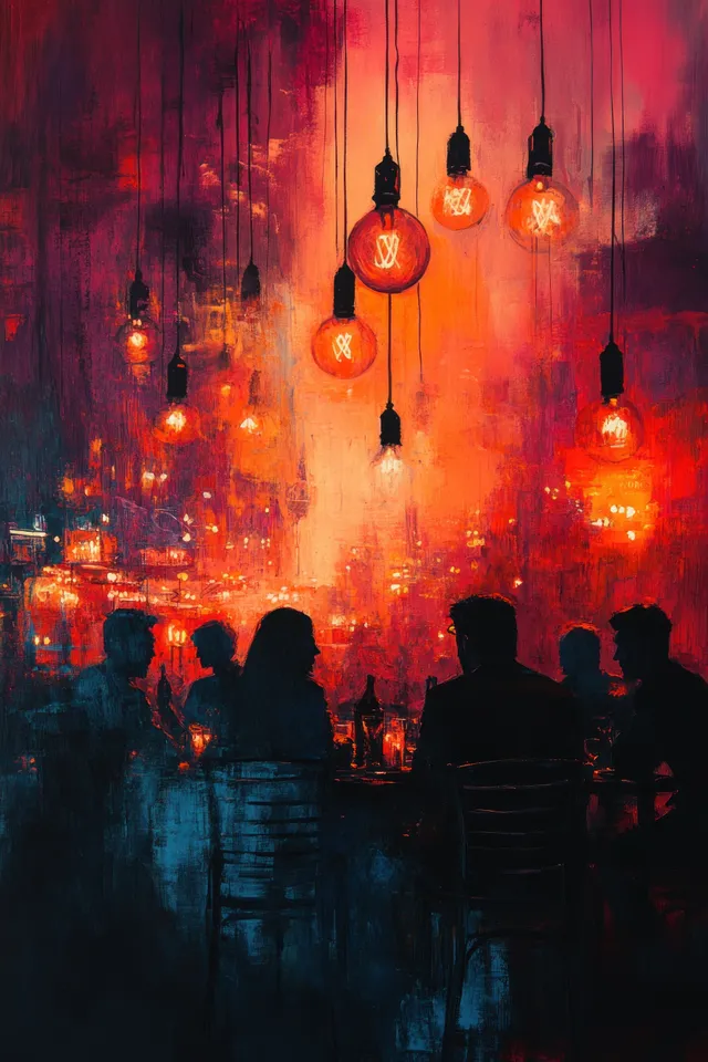 Silhouetted people stand at an evening event as warm glowing pendant lights hang above them.