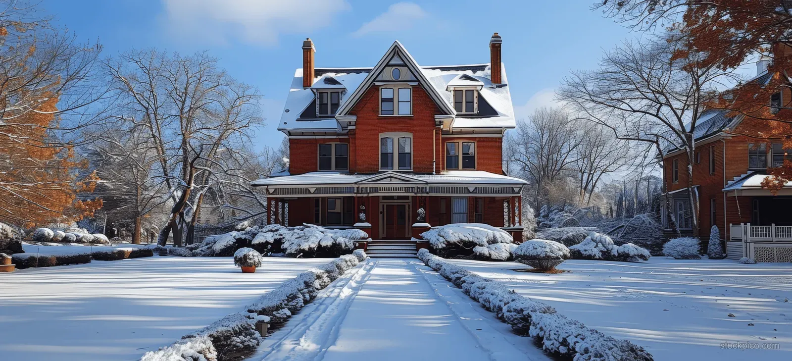 Snow covers the front walkway leading to a red brick Victorian house with porch and chimneys under a clear blue sky.