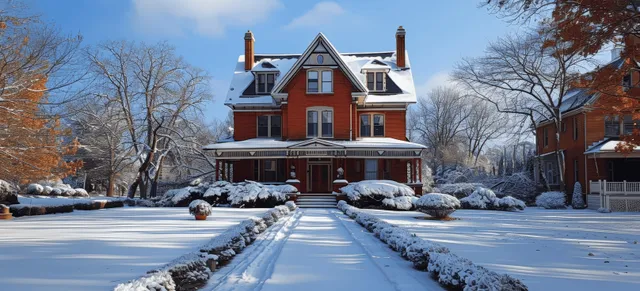 Snowy Red Brick Victorian House with Front Walkway and Blue Winter Sky