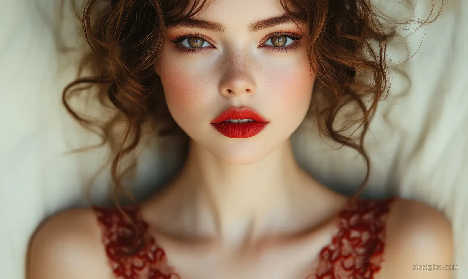 Brunette woman in a red lace dress poses with curly hair, vivid red lips, and soft studio lighting.