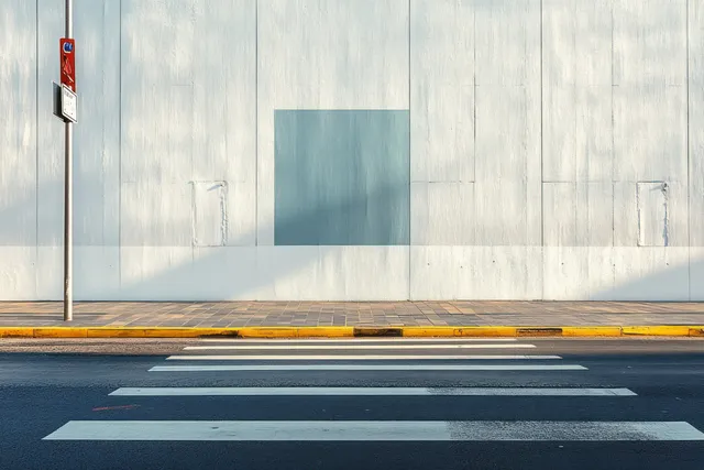 Empty crosswalk leading into quiet city street beside a textured wall and sharp shadows