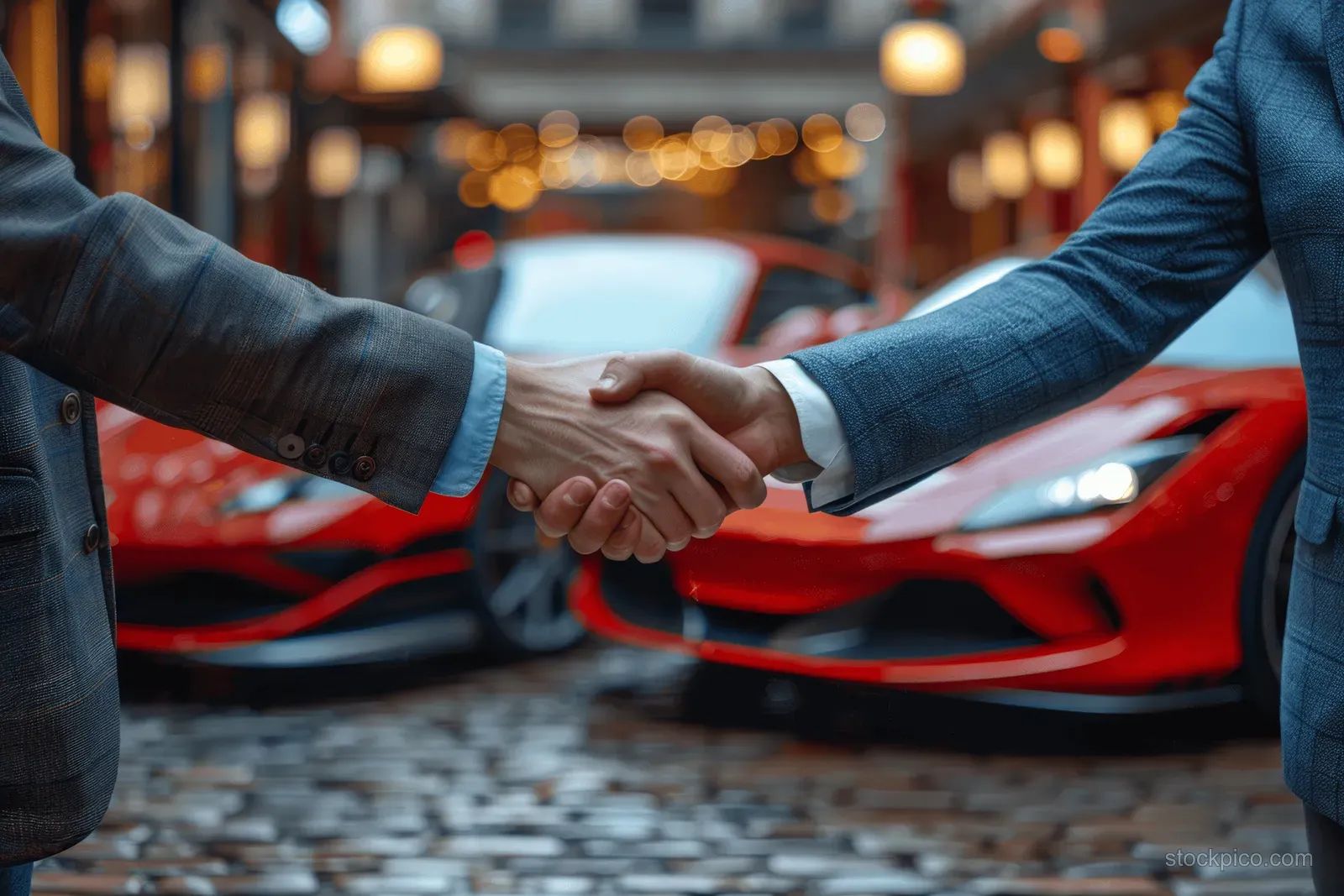 Two people shake hands in a car dealership showroom with red sports cars visible behind them.