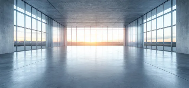 Empty concrete interior corridor with large windows and bright sunlight reflecting on the floor.