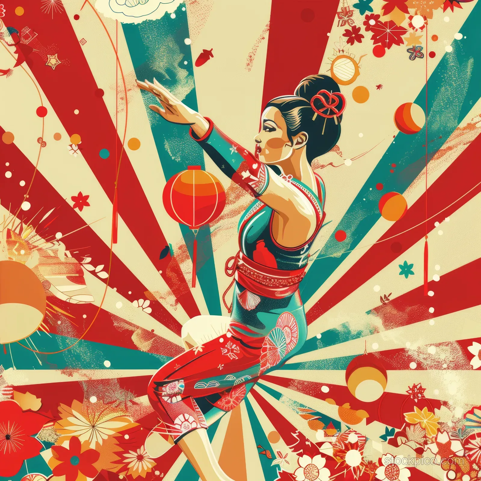 A cartoon Japanese female gymnast poses theatrically against colorful confetti sunburst background with ornaments.
