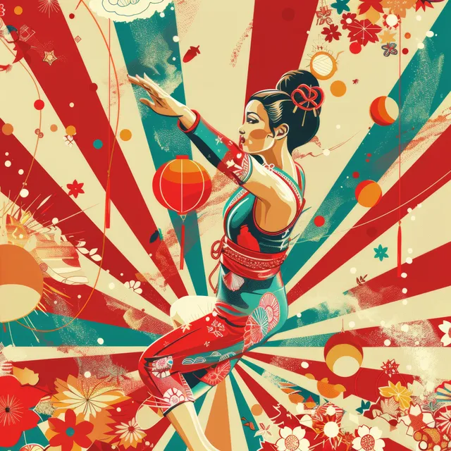 A cartoon Japanese female gymnast poses theatrically against colorful confetti sunburst background with ornaments.