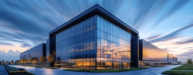 Modern industrial office building with massive glass facade and black cladding at twilight with wet reflections.