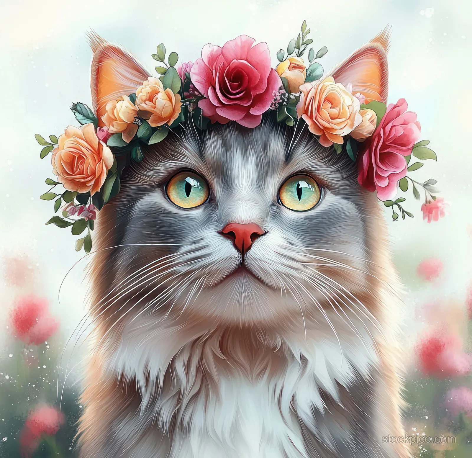 Centered watercolor portrait of a grey cat wearing a rose crown with pastel pink bokeh background.