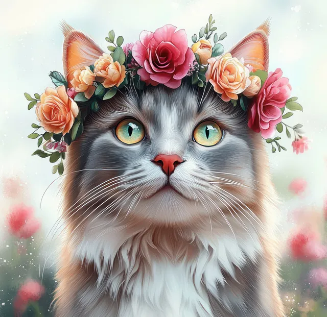 Watercolor portrait of a grey cat wearing a crown of pink and peach roses