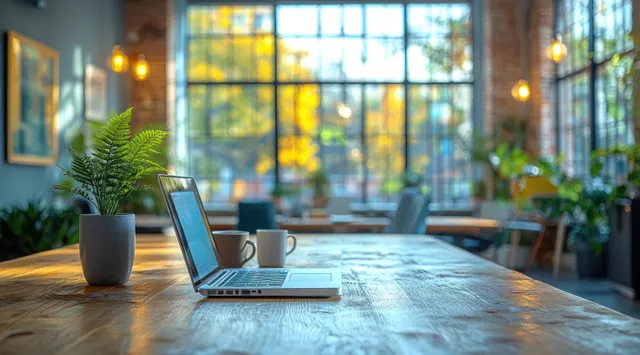 Open laptops and coffee cups on an office table near large windows with coworkers collaborating in the background.