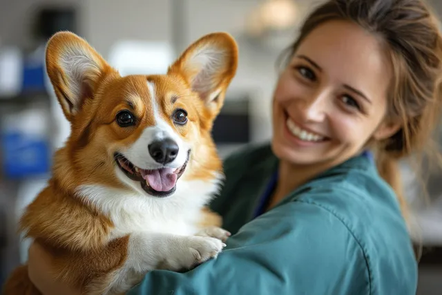 A smiling corgi sits next to a friendly clinic owner in soft natural light with a blurred veterinary background.