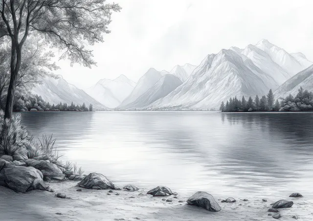 Ink and hatching lakeside landscape with mountains, stream shoreline, and calm reflection
