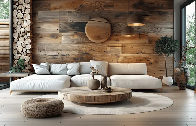 Minimalist living room with white sofa, beige cushions, round wooden coffee table, and warm wood panel wall.