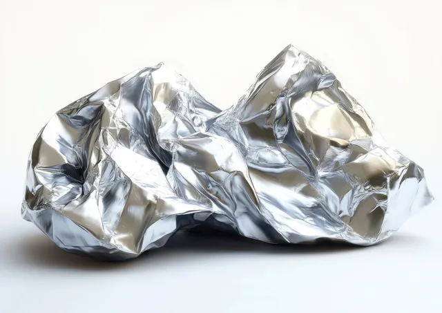 Crumpled silver metallic foil sheet with sharp folds and reflective highlights on a white background.