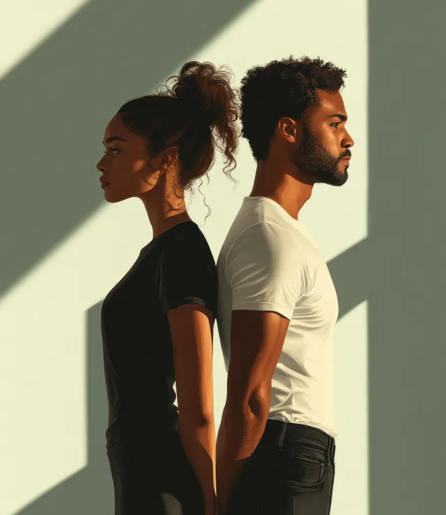 A couple stands back to back in a minimalist pastel setting with dramatic side shadows.
