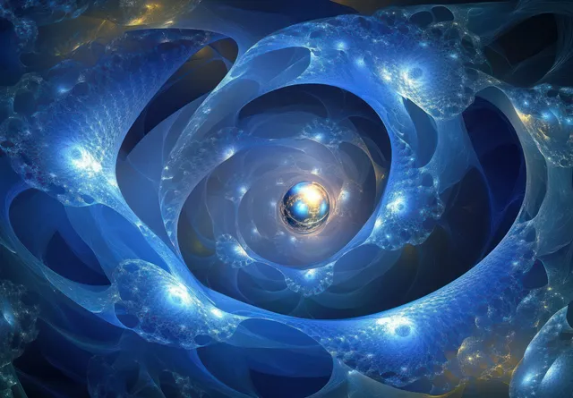 Blue fractal spiral vortex in space swirls inward to a glowing central sphere emitting light.