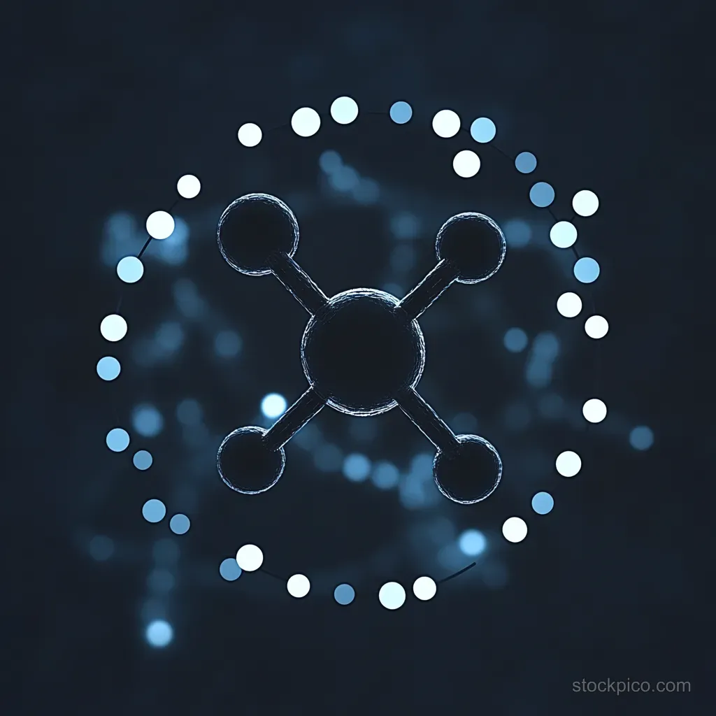 Central molecular sphere connected to four atoms, encircled by a glowing blue ring of light dots on dark background.