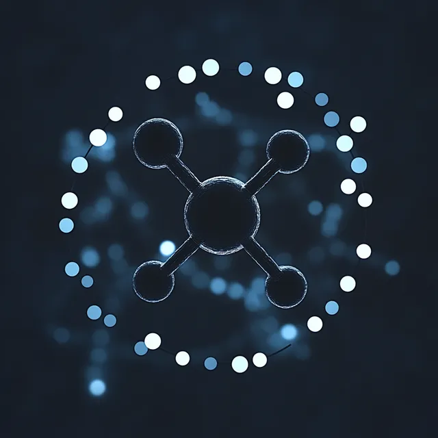 3D molecular sphere model with four outer atoms and glowing circular light-dot ring