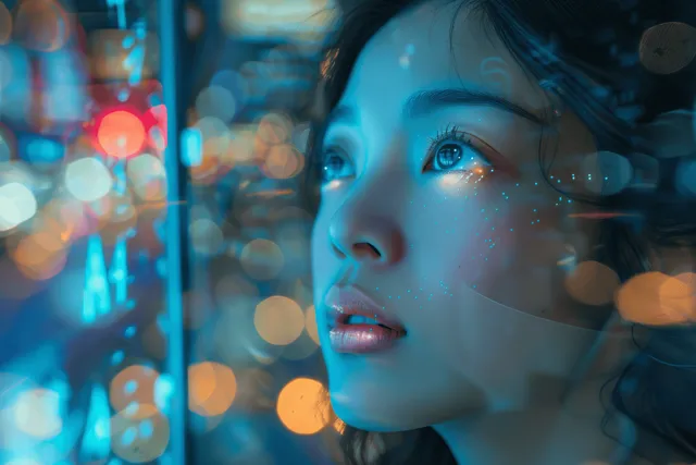 Woman’s close-up face illuminated by blue neon with soft bokeh city lights behind her at night.
