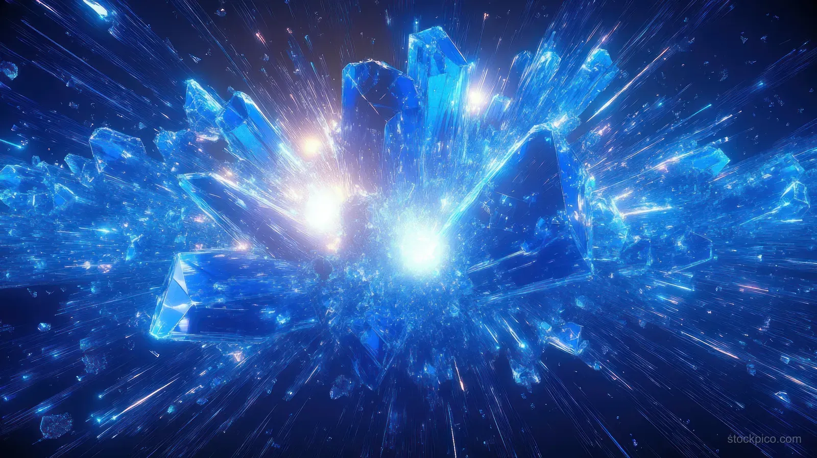 Electric blue crystal shards burst from a bright center, scattering glowing fragments across a dark background.