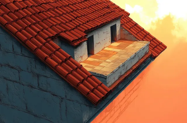 Angled roof cross-section illustration showing terracotta tiles, insulation layers, and board sheathing under dramatic light.