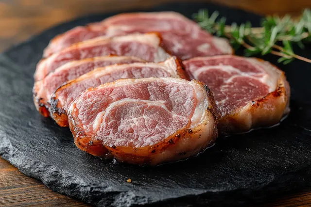 Marbled meat slices with a seared crust on a dark slate plate, with rosemary in the blurred background.