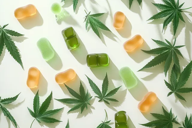Green and orange translucent gummy candies scattered among fresh cannabis leaves on a white background.