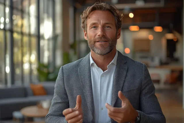 Young man in a suit gestures while speaking on a video meeting from an office with blurred background lights.