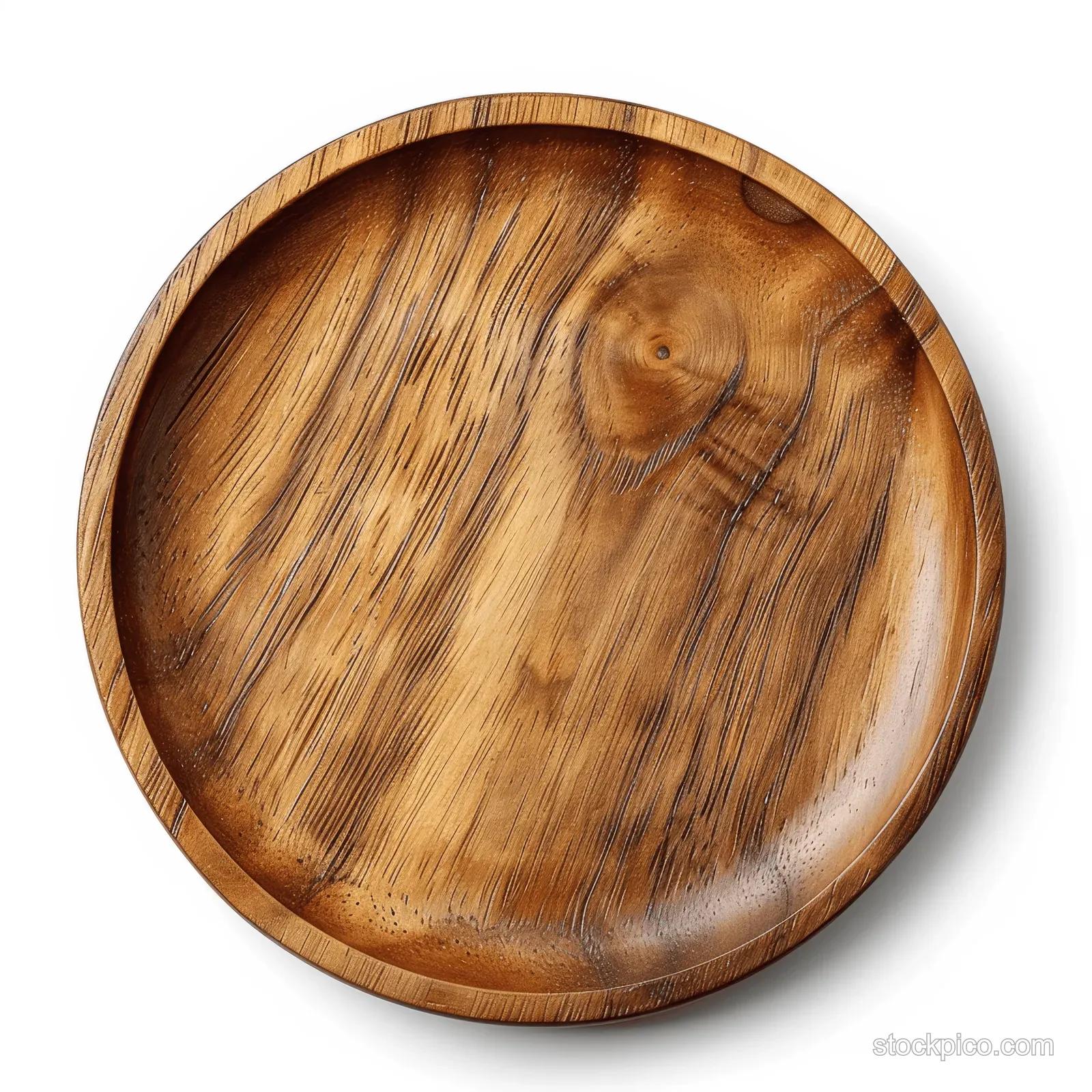 Top view of a round wooden serving plate with visible wood grain on a white background.