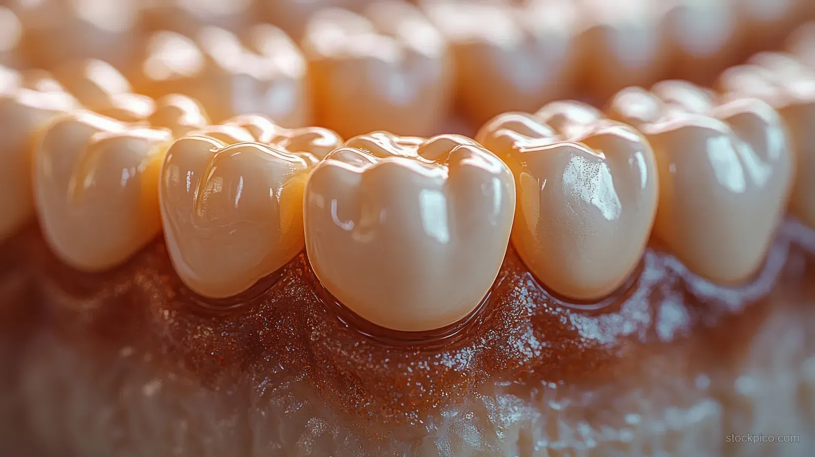 A glossy molar with a dental crown placement surrounded by softly lit teeth.