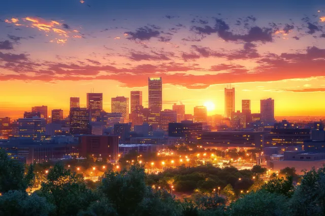 Omaha downtown skyline at sunset with modern high-rises glowing under golden sky