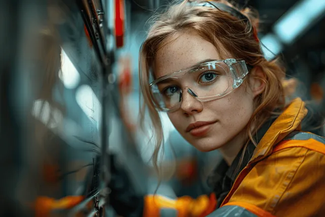 Young industrial woman wearing protective goggles inside a factory control area, focused work