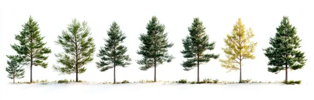 Row of conifer trees in snow, with one bright yellow foliage tree in winter light