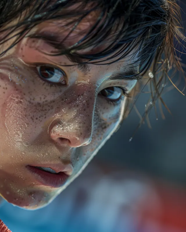 Close-up of a determined female wrestler in 57 kg bout, focused eyes and sweat on the tournament mat.