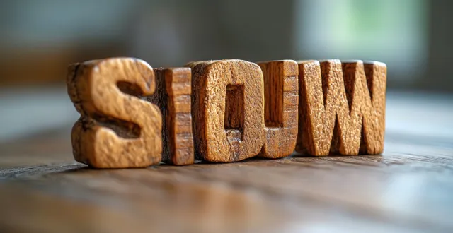 Wooden blocks spelling SLOW are placed on a table to suggest mindful clothing choices.