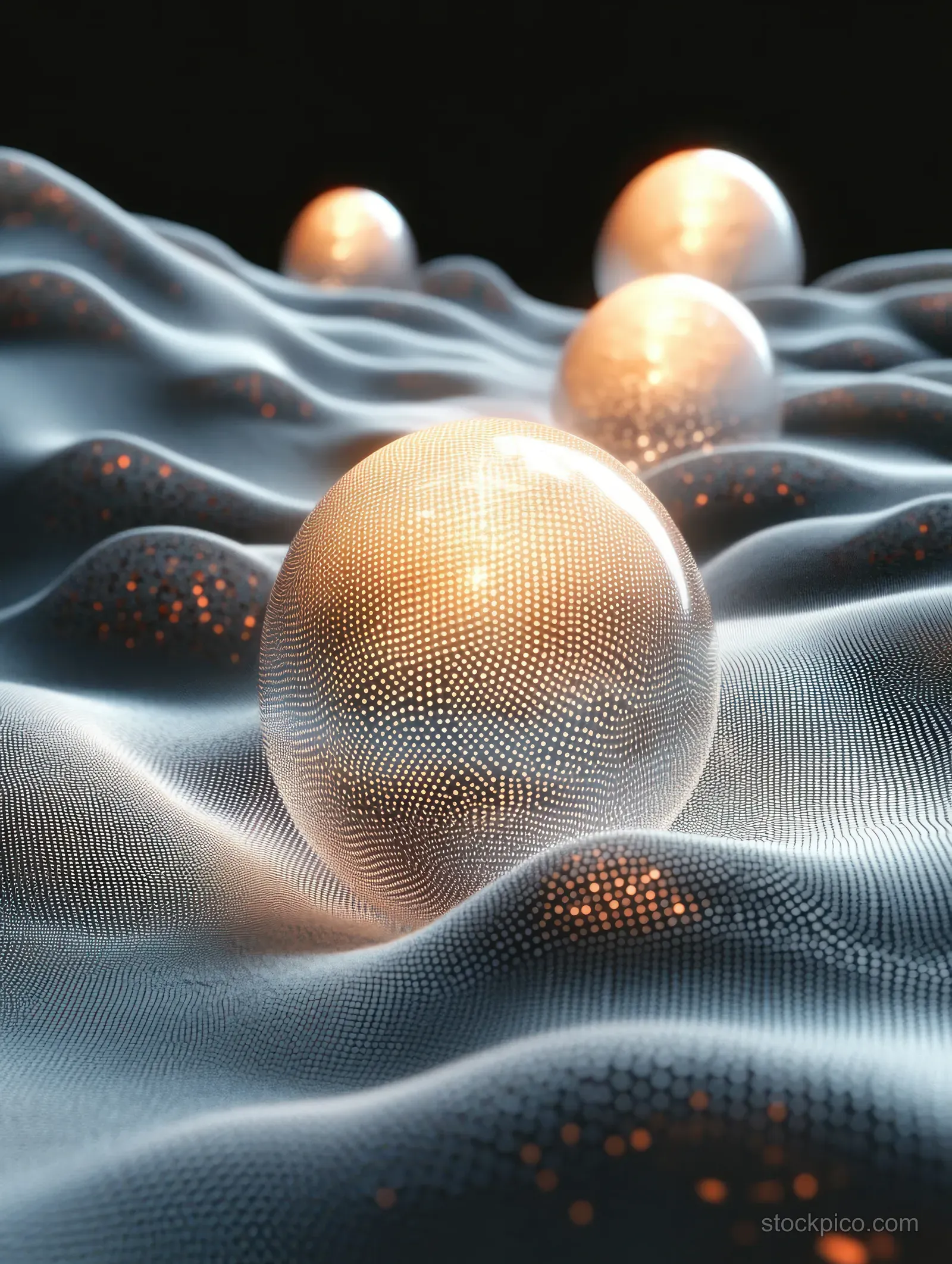 Transparent glowing spheres hover on a wavy textured surface, illuminated by soft orange light.