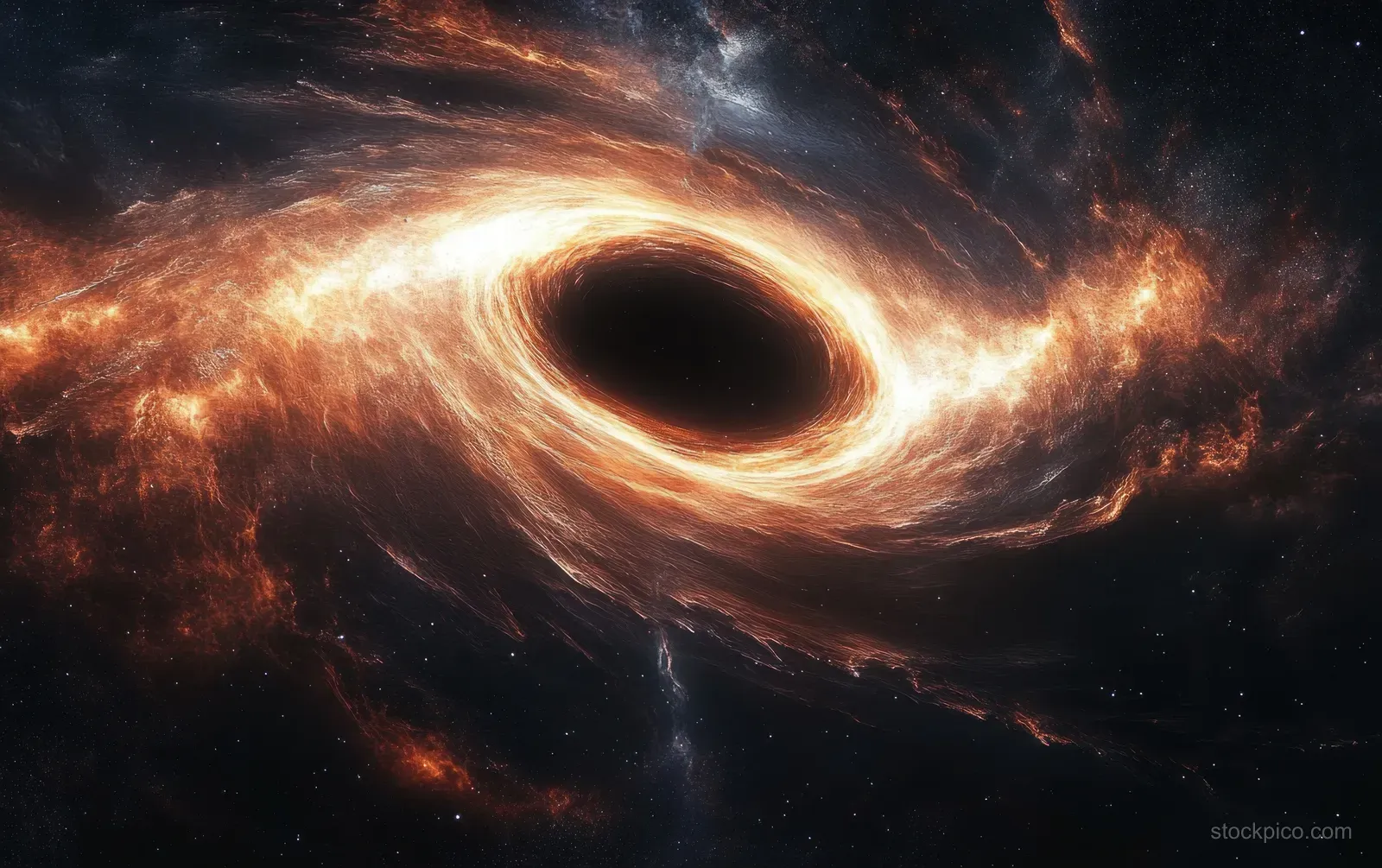 A glowing black hole swirls fiery gas and dust inward while dark space stars fade into the background.