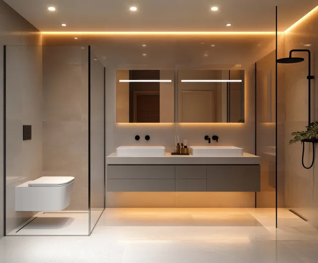 Light grey bathroom with a floating double vanity, frameless shower, and warm recessed lighting.