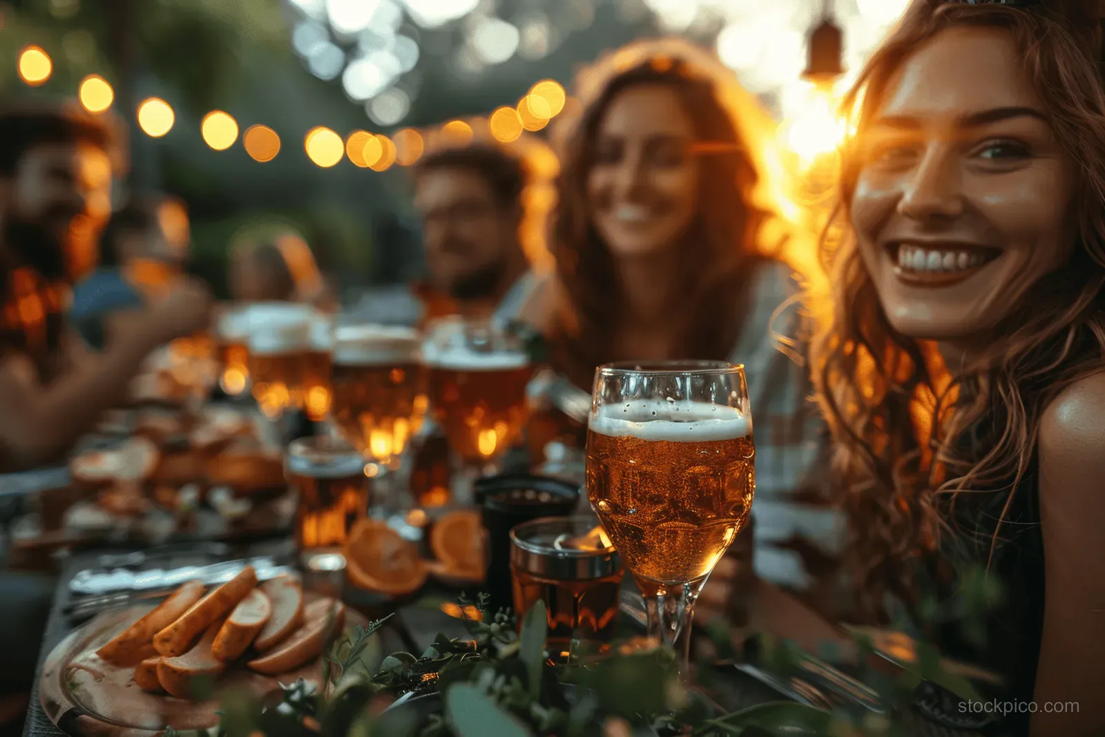 Smiling friends raise pints of beer at an outdoor evening patio with warm string lights and food on the table.