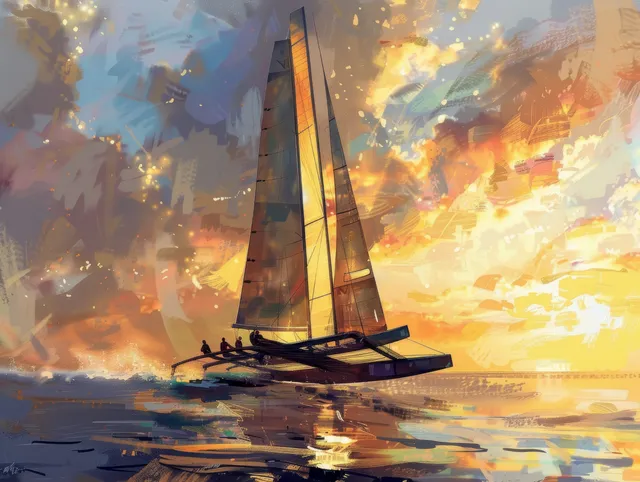 Two women sail a Nacra 17 catamaran on calm water at sunset.