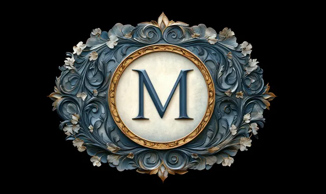 An ornate circular emblem with a centered letter M framed by blue and gold floral scrollwork on black.