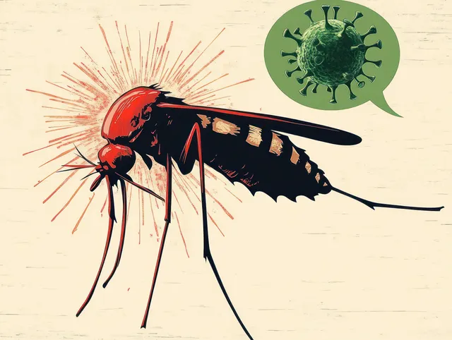 A mosquito illustration with red rays and a thought bubble containing a green virus symbol.